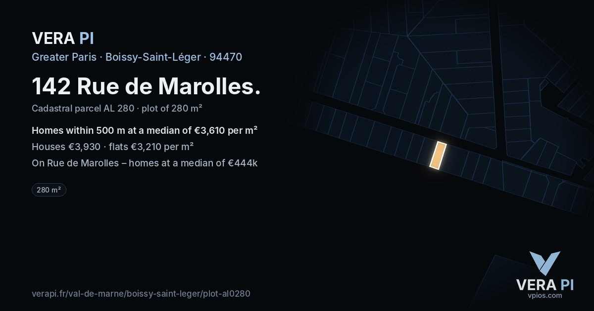 142 Rue de Marolles, Boissy-Saint-Léger at night – the plot lit, the parcels around coloured by the prices near them