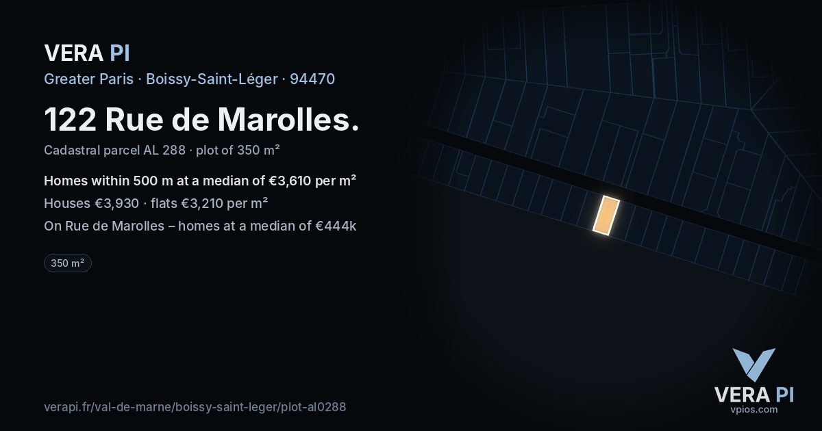 122 Rue de Marolles, Boissy-Saint-Léger at night – the plot lit, the parcels around coloured by the prices near them