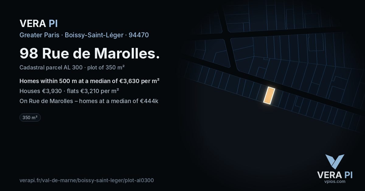 98 Rue de Marolles, Boissy-Saint-Léger at night – the plot lit, the parcels around coloured by the prices near them