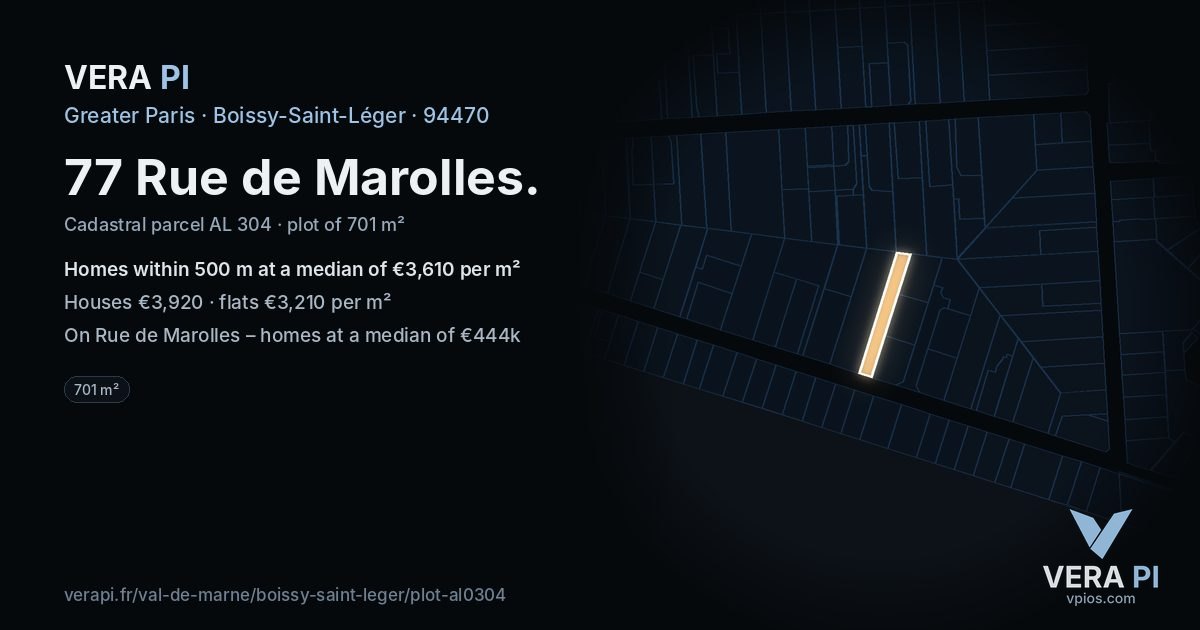 77 Rue de Marolles, Boissy-Saint-Léger at night – the plot lit, the parcels around coloured by the prices near them