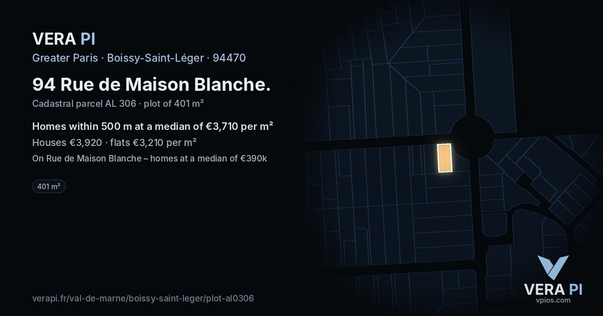 94 Rue de Maison Blanche, Boissy-Saint-Léger at night – the plot lit, the parcels around coloured by the prices near them
