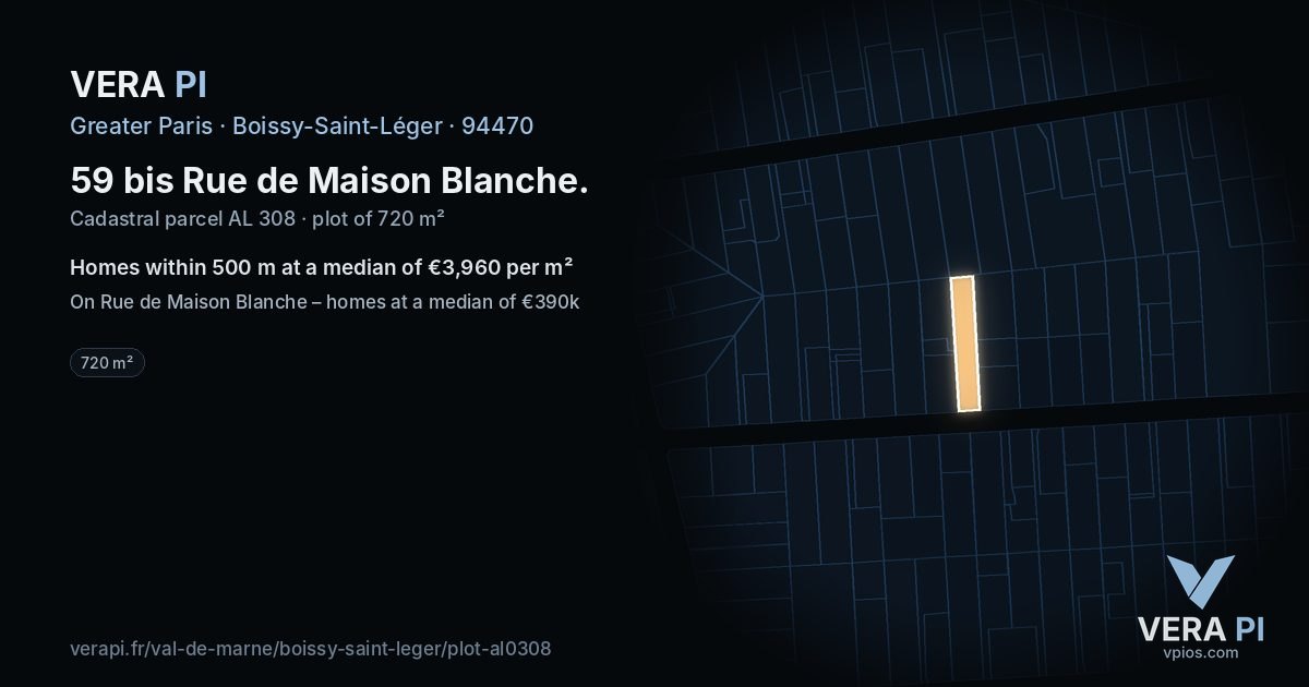 59 bis Rue de Maison Blanche, Boissy-Saint-Léger at night – the plot lit, the parcels around coloured by the prices near them