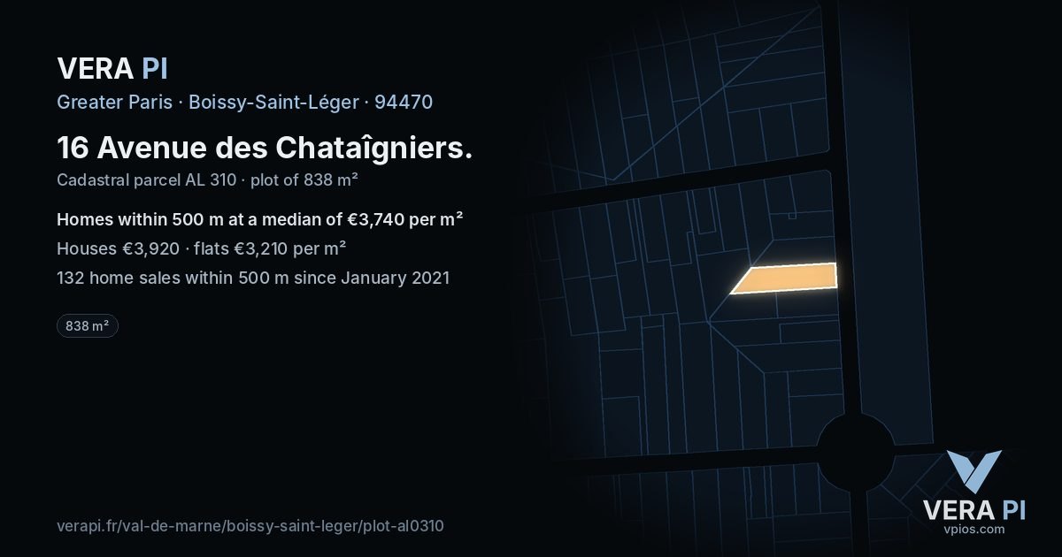 16 Avenue des Chataîgniers, Boissy-Saint-Léger at night – the plot lit, the parcels around coloured by the prices near them