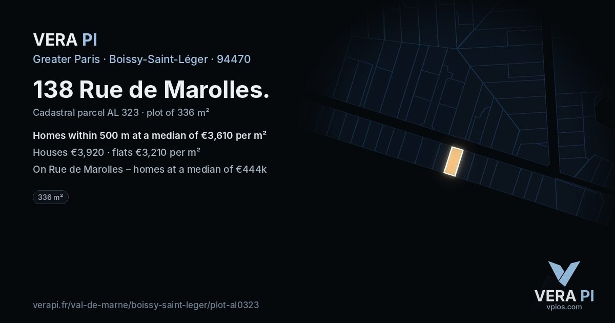 138 Rue de Marolles, Boissy-Saint-Léger at night – the plot lit, the parcels around coloured by the prices near them