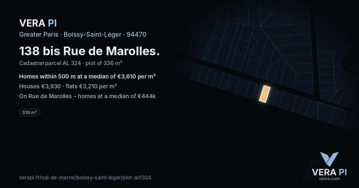 138 bis Rue de Marolles, Boissy-Saint-Léger at night – the plot lit, the parcels around coloured by the prices near them