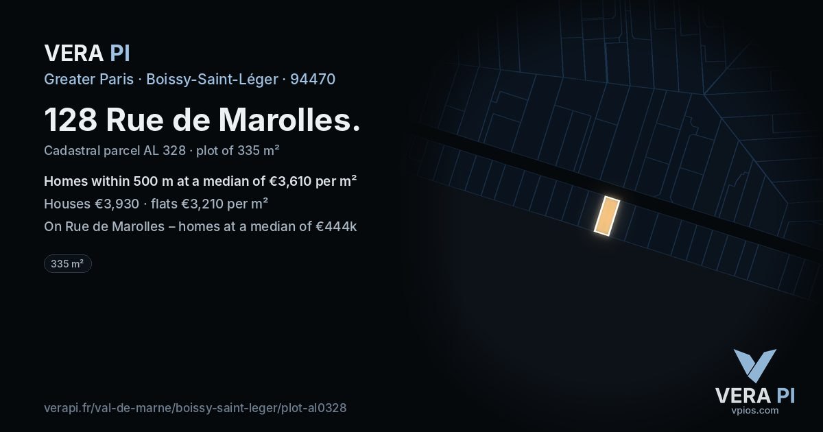128 Rue de Marolles, Boissy-Saint-Léger at night – the plot lit, the parcels around coloured by the prices near them
