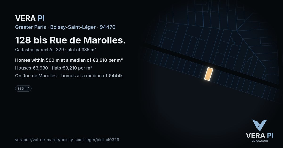 128 bis Rue de Marolles, Boissy-Saint-Léger at night – the plot lit, the parcels around coloured by the prices near them
