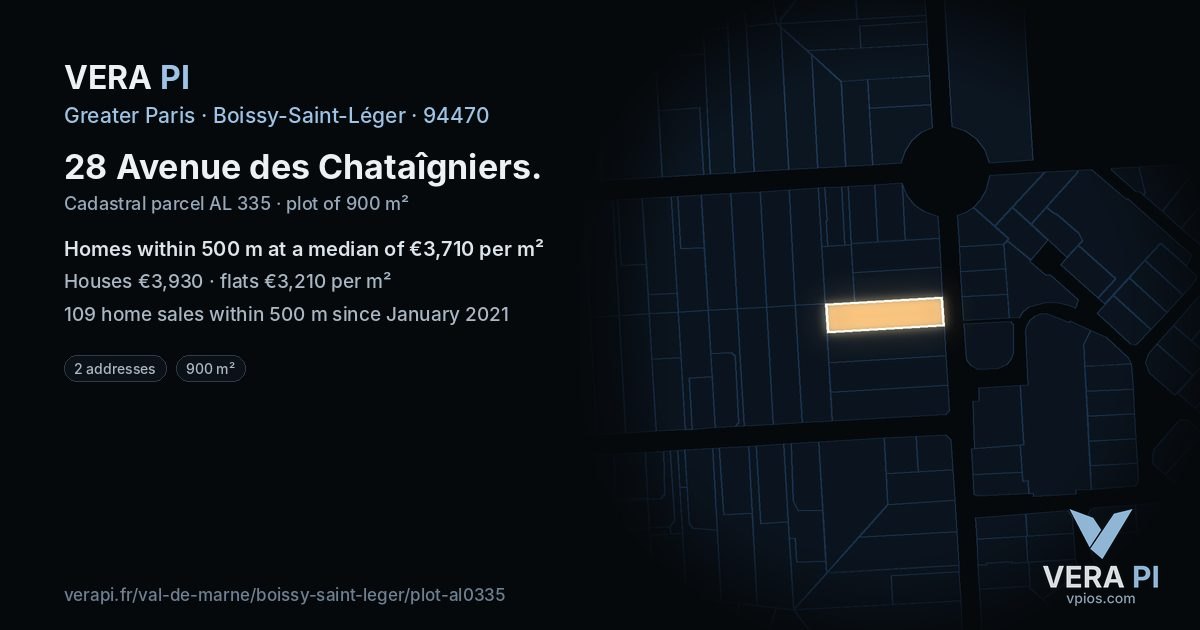 28 Avenue des Chataîgniers, Boissy-Saint-Léger at night – the plot lit, the parcels around coloured by the prices near them