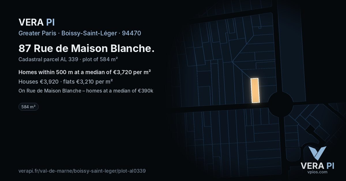 87 Rue de Maison Blanche, Boissy-Saint-Léger at night – the plot lit, the parcels around coloured by the prices near them