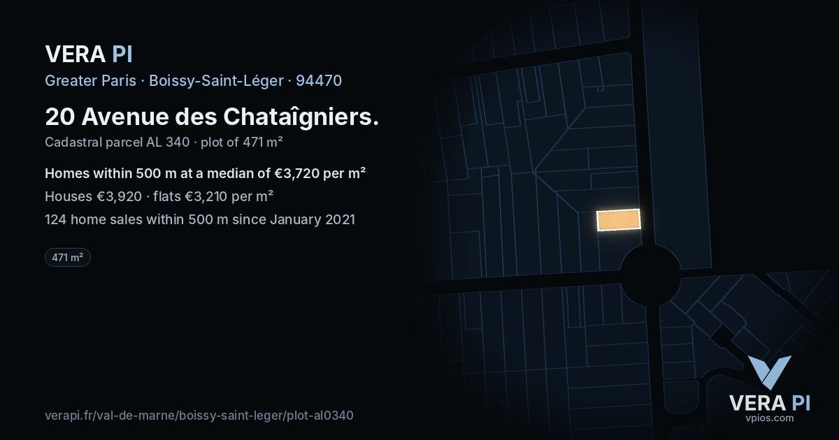 20 Avenue des Chataîgniers, Boissy-Saint-Léger at night – the plot lit, the parcels around coloured by the prices near them