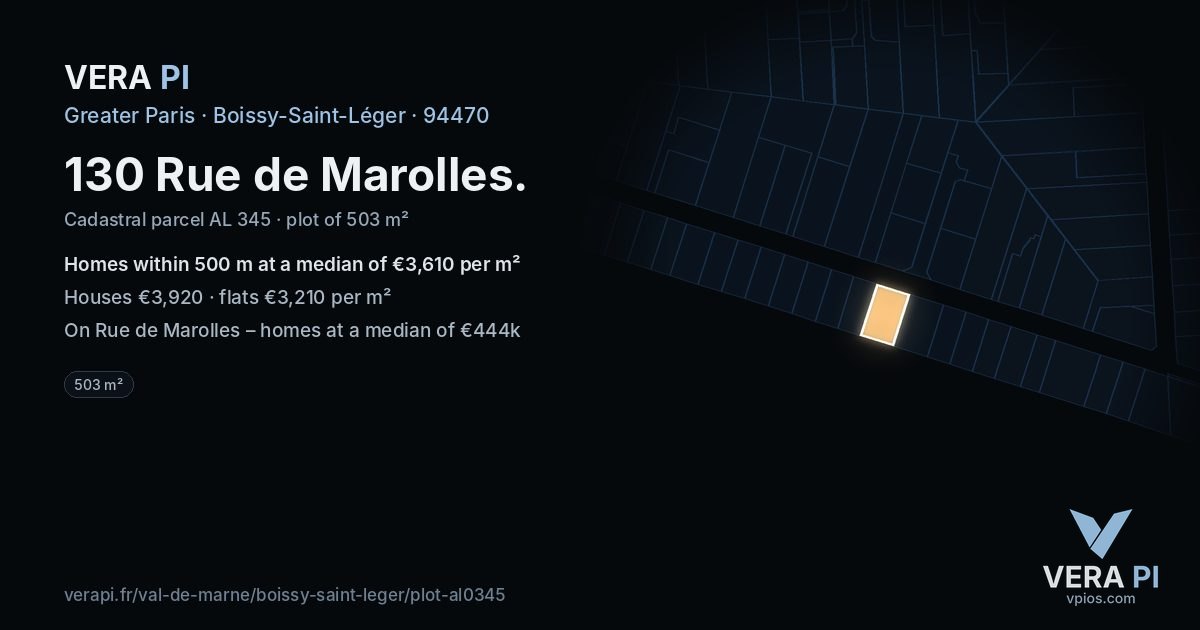 130 Rue de Marolles, Boissy-Saint-Léger at night – the plot lit, the parcels around coloured by the prices near them