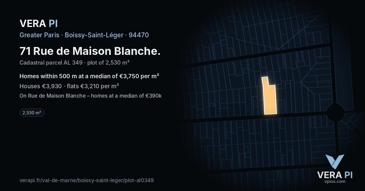 71 Rue de Maison Blanche, Boissy-Saint-Léger at night – the plot lit, the parcels around coloured by the prices near them