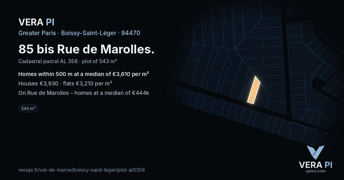 85 bis Rue de Marolles, Boissy-Saint-Léger at night – the plot lit, the parcels around coloured by the prices near them