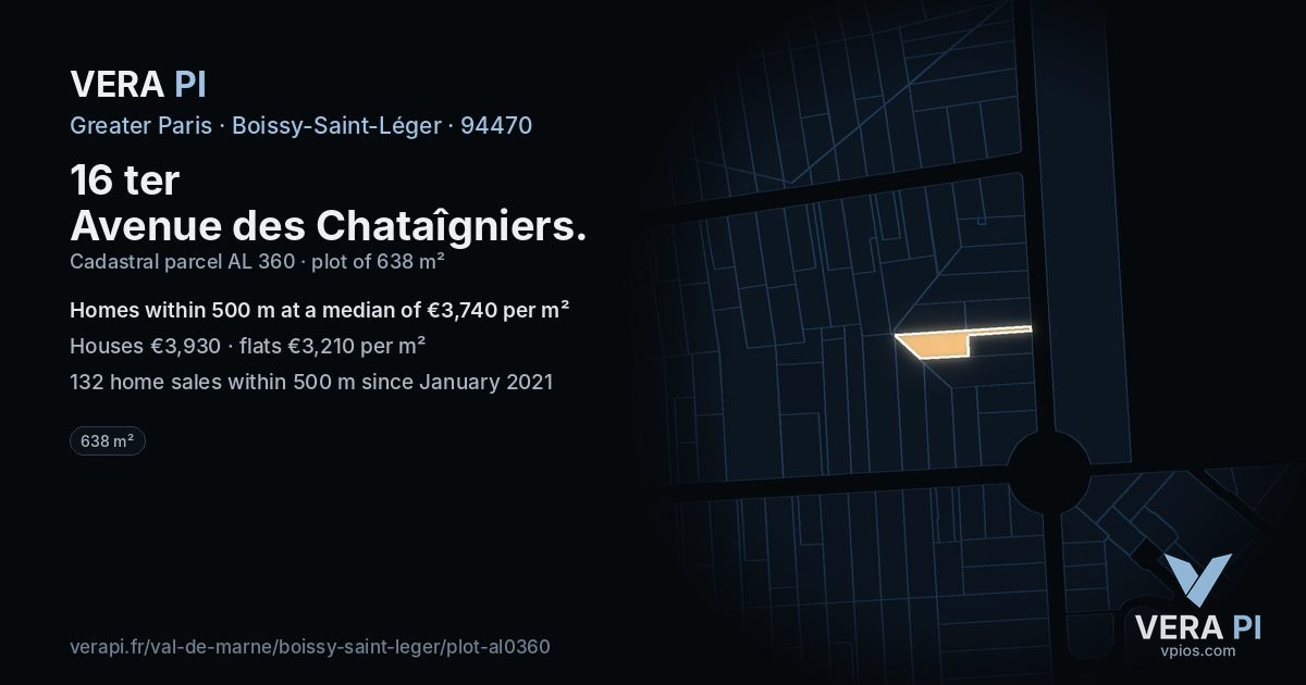 16 ter Avenue des Chataîgniers, Boissy-Saint-Léger at night – the plot lit, the parcels around coloured by the prices near them