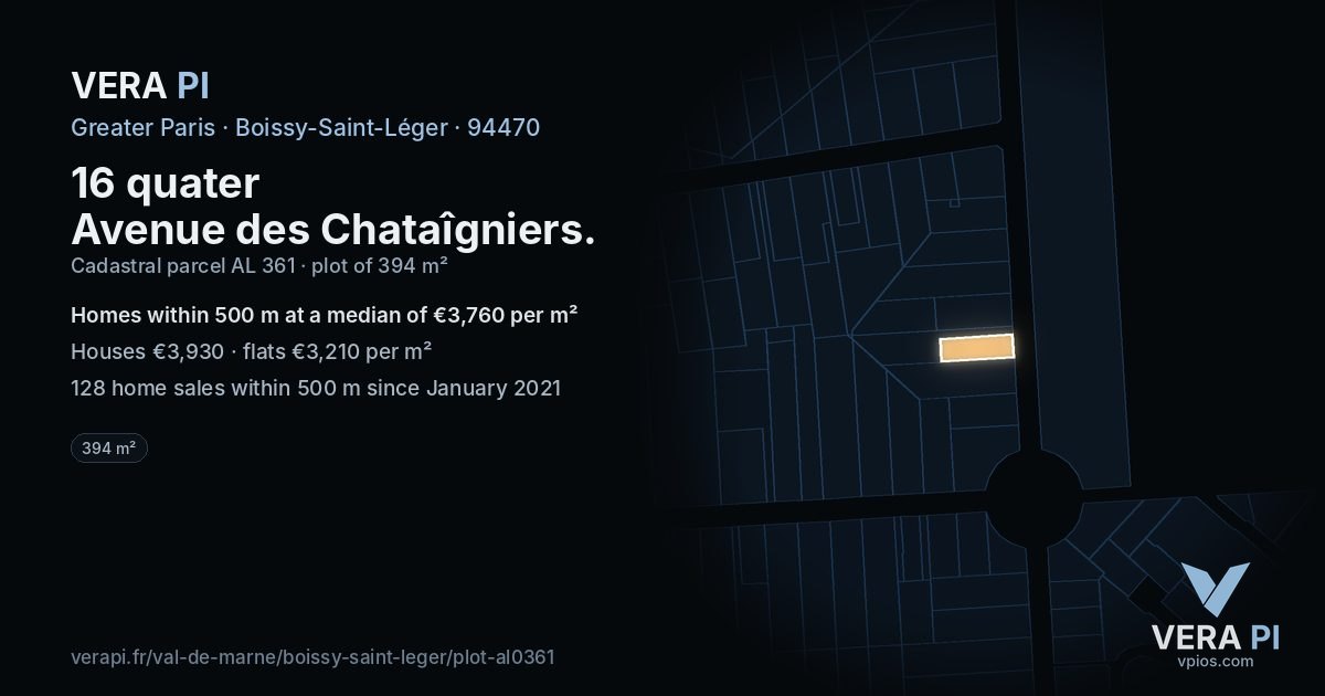 16 quater Avenue des Chataîgniers, Boissy-Saint-Léger at night – the plot lit, the parcels around coloured by the prices near them