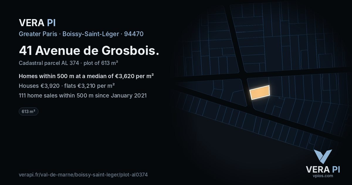 41 Avenue de Grosbois, Boissy-Saint-Léger at night – the plot lit, the parcels around coloured by the prices near them