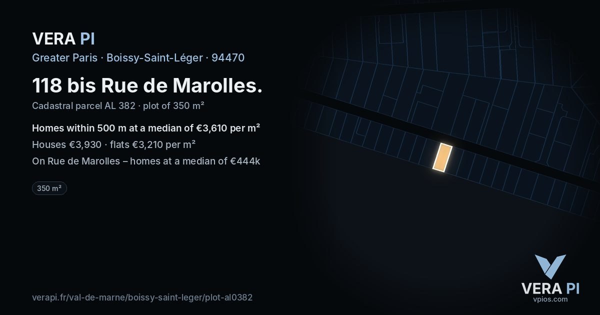 118 bis Rue de Marolles, Boissy-Saint-Léger at night – the plot lit, the parcels around coloured by the prices near them