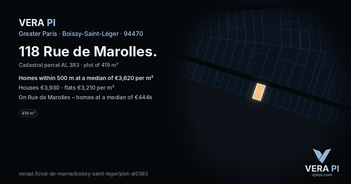 118 Rue de Marolles, Boissy-Saint-Léger at night – the plot lit, the parcels around coloured by the prices near them