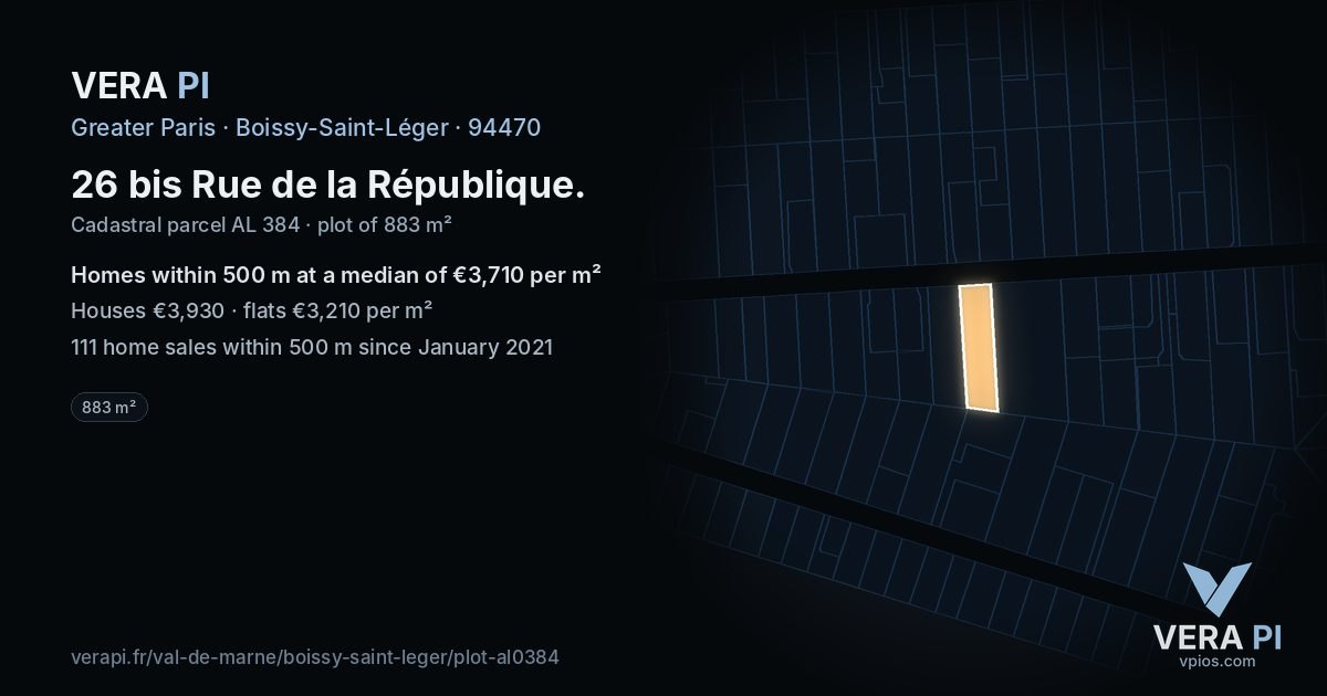 26 bis Rue de la République, Boissy-Saint-Léger at night – the plot lit, the parcels around coloured by the prices near them