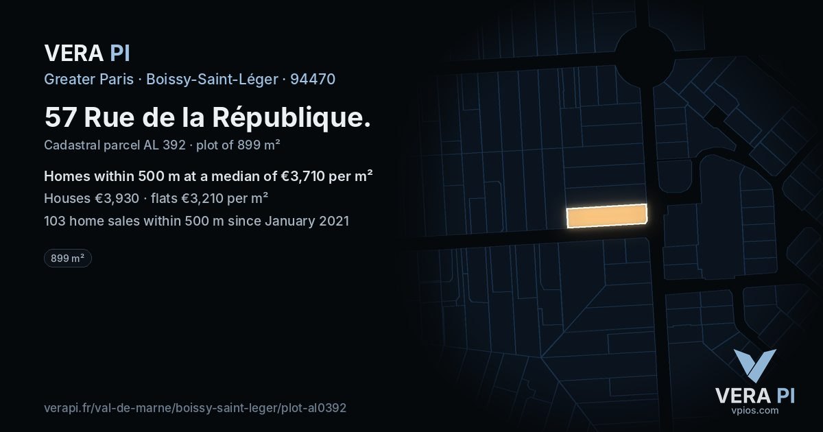 57 Rue de la République, Boissy-Saint-Léger at night – the plot lit, the parcels around coloured by the prices near them