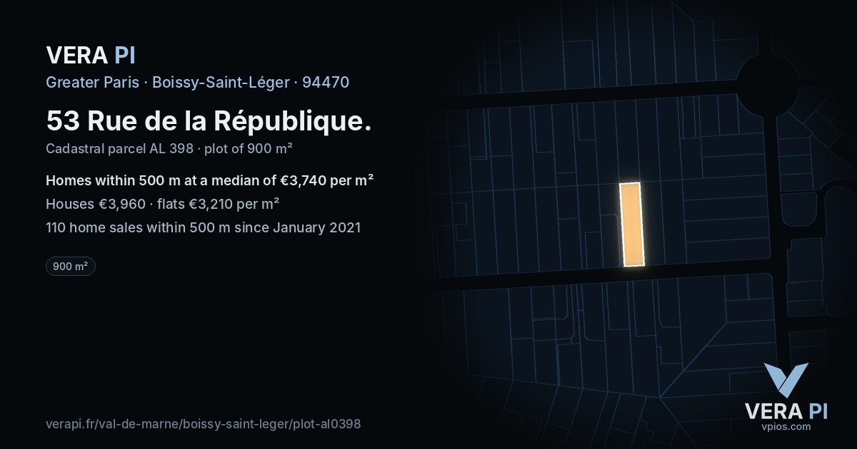 53 Rue de la République, Boissy-Saint-Léger at night – the plot lit, the parcels around coloured by the prices near them
