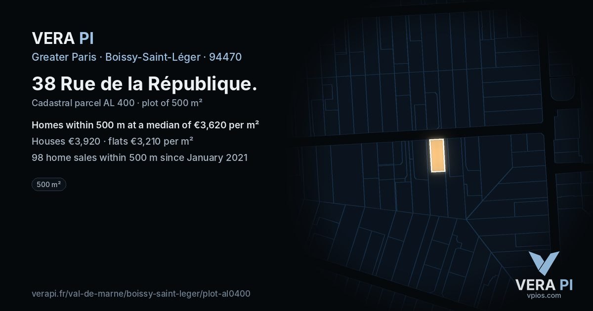 38 Rue de la République, Boissy-Saint-Léger at night – the plot lit, the parcels around coloured by the prices near them