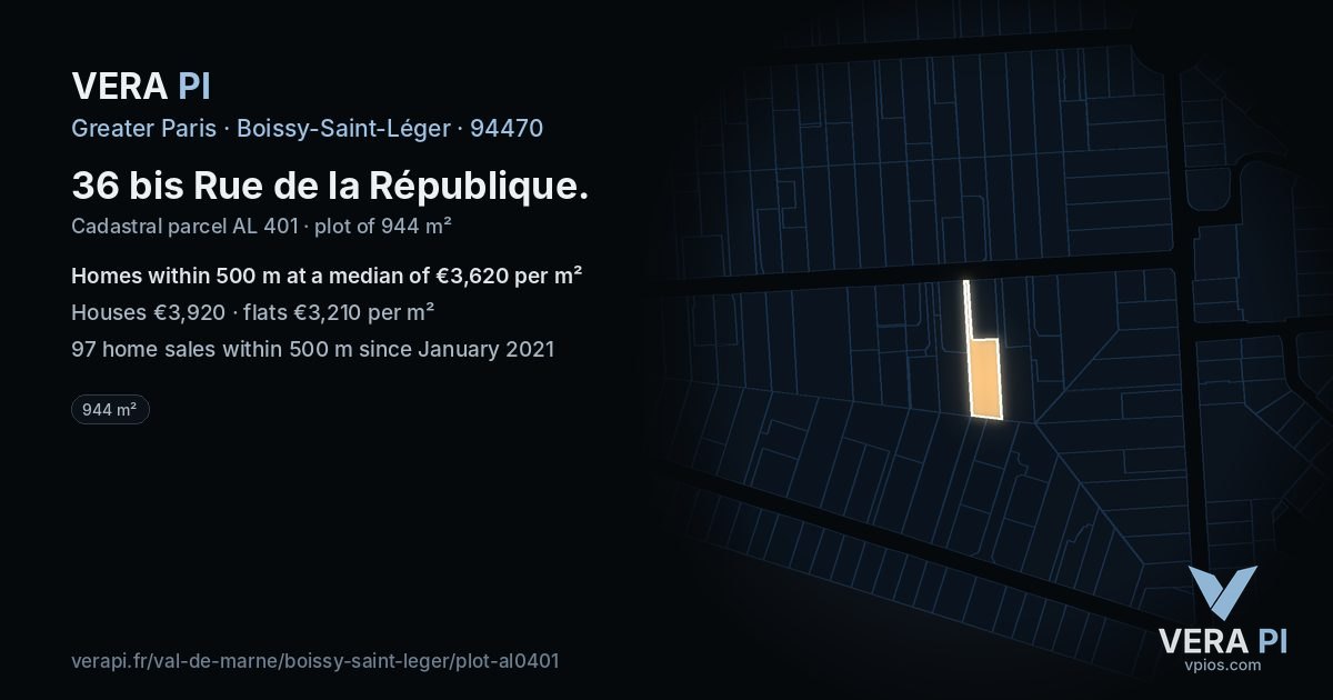 36 bis Rue de la République, Boissy-Saint-Léger at night – the plot lit, the parcels around coloured by the prices near them