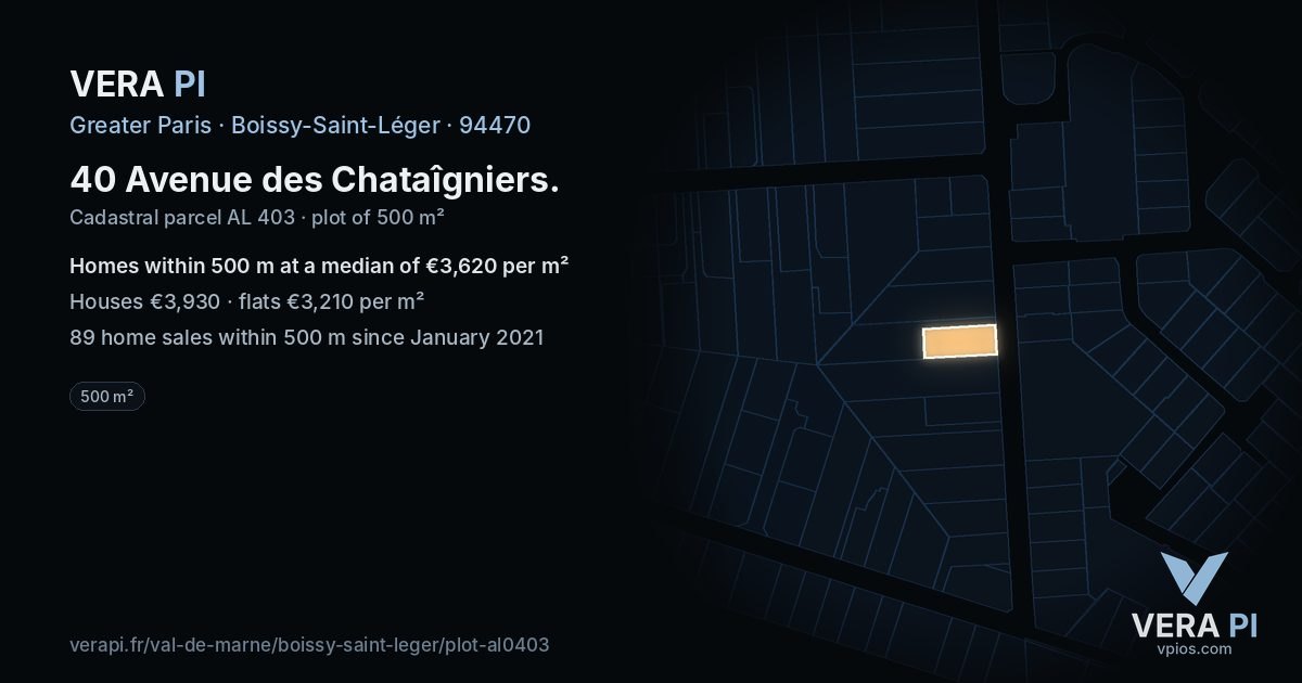 40 Avenue des Chataîgniers, Boissy-Saint-Léger at night – the plot lit, the parcels around coloured by the prices near them