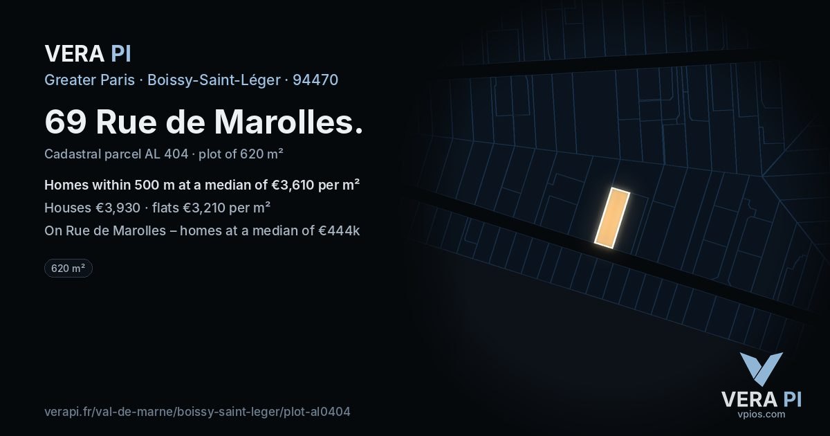 69 Rue de Marolles, Boissy-Saint-Léger at night – the plot lit, the parcels around coloured by the prices near them