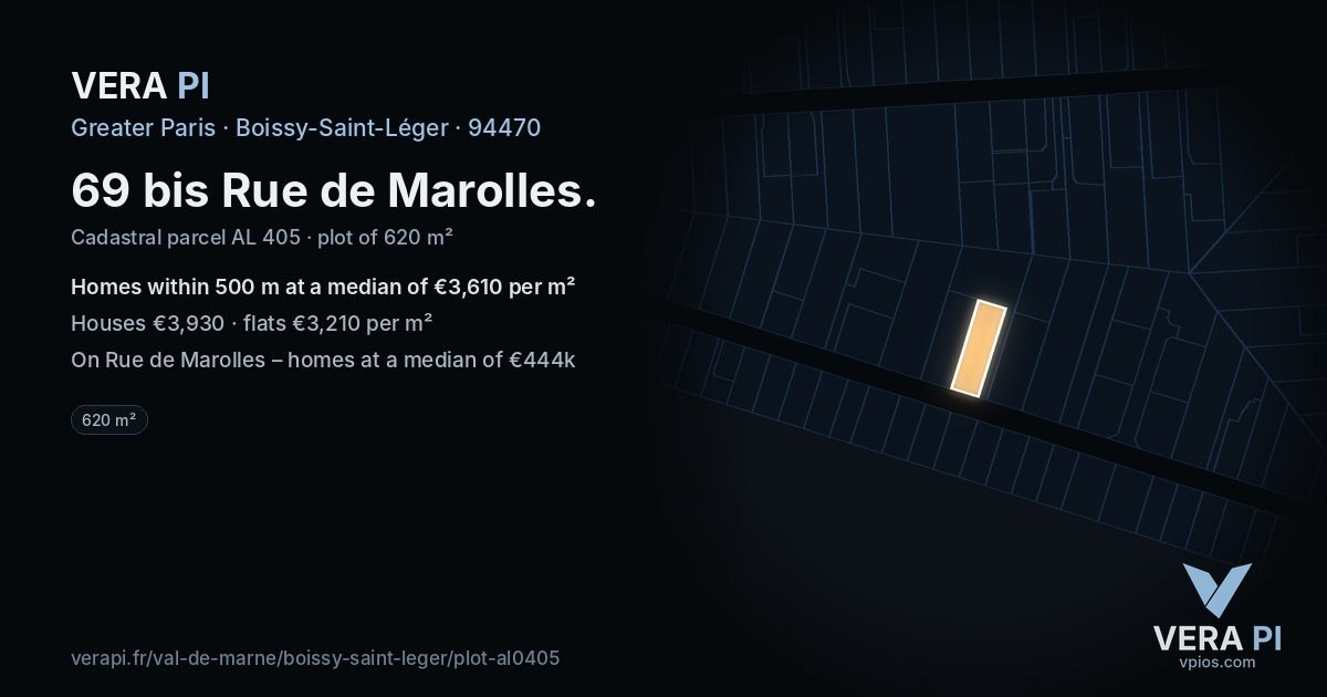 69 bis Rue de Marolles, Boissy-Saint-Léger at night – the plot lit, the parcels around coloured by the prices near them