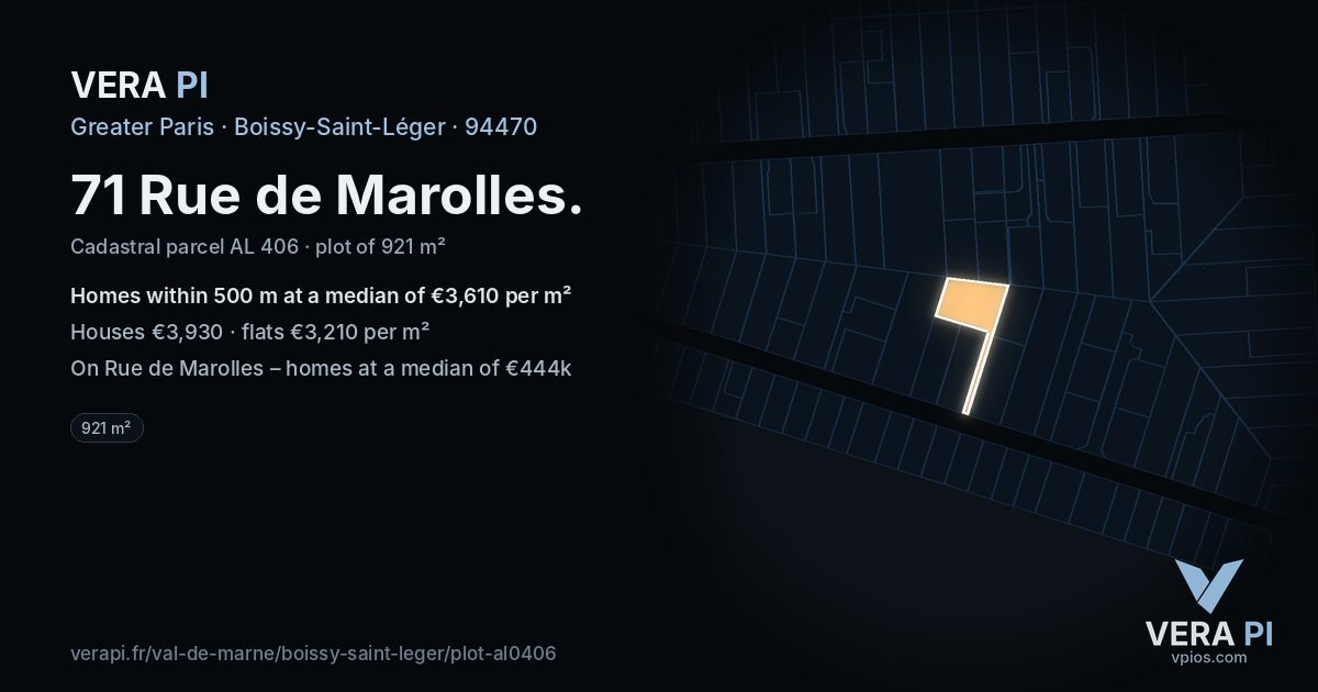 71 Rue de Marolles, Boissy-Saint-Léger at night – the plot lit, the parcels around coloured by the prices near them