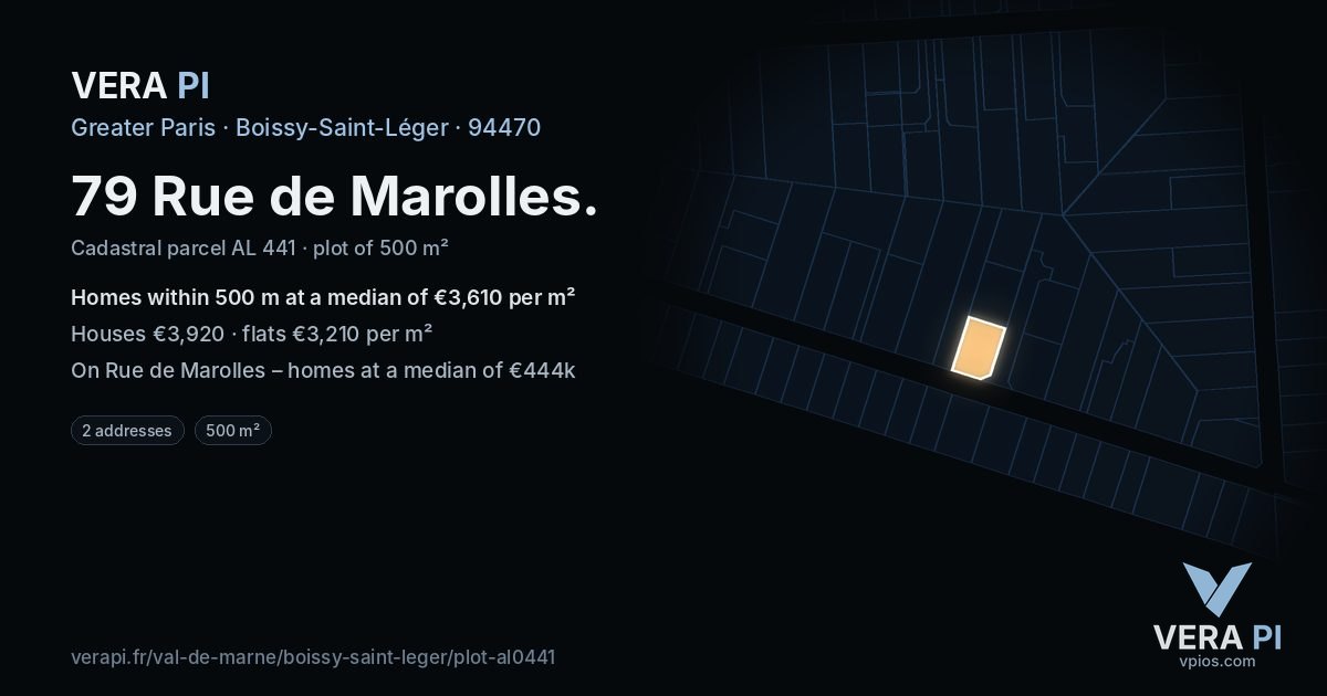79 Rue de Marolles, Boissy-Saint-Léger at night – the plot lit, the parcels around coloured by the prices near them