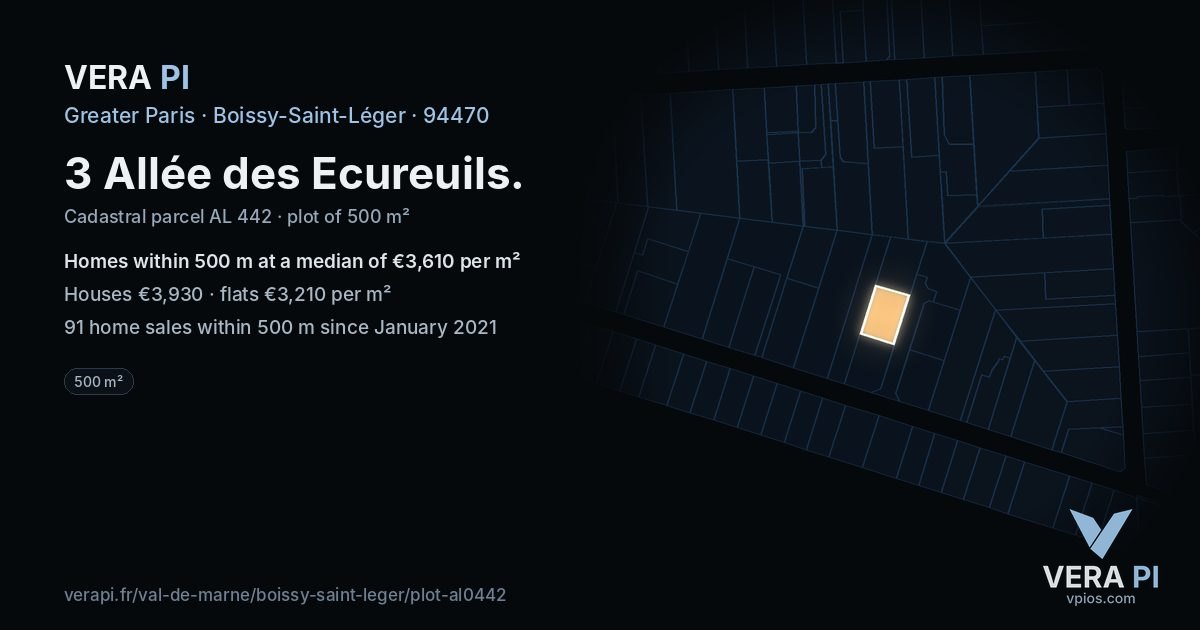 3 Allée des Ecureuils, Boissy-Saint-Léger at night – the plot lit, the parcels around coloured by the prices near them