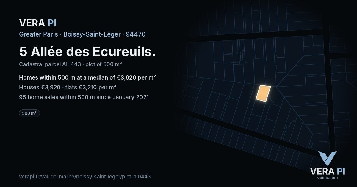 5 Allée des Ecureuils, Boissy-Saint-Léger at night – the plot lit, the parcels around coloured by the prices near them