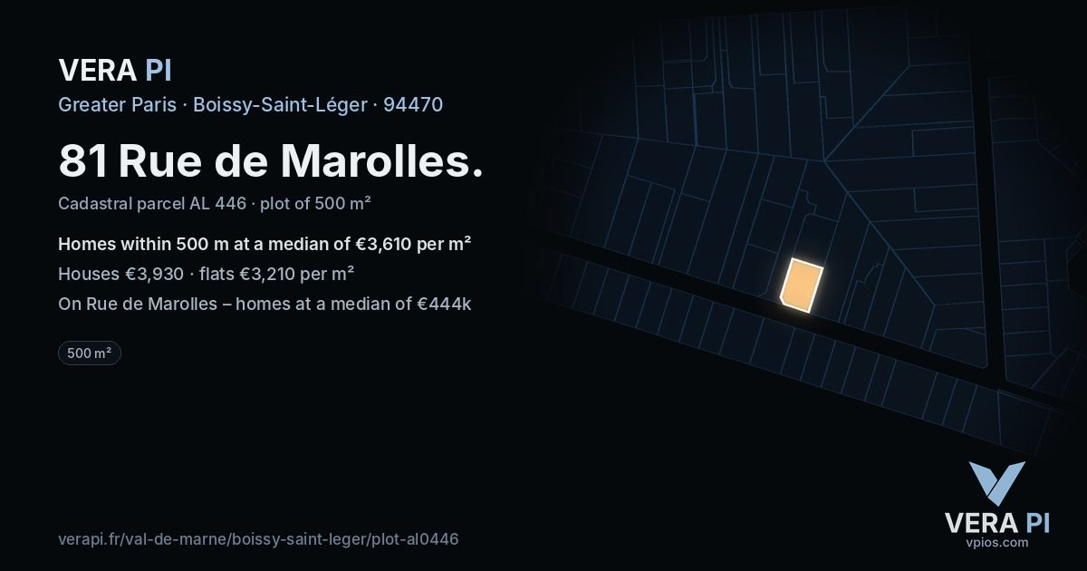 81 Rue de Marolles, Boissy-Saint-Léger at night – the plot lit, the parcels around coloured by the prices near them