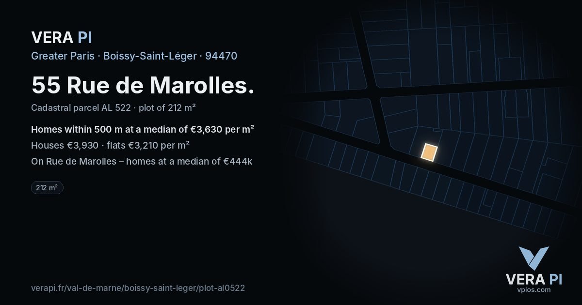 55 Rue de Marolles, Boissy-Saint-Léger at night – the plot lit, the parcels around coloured by the prices near them
