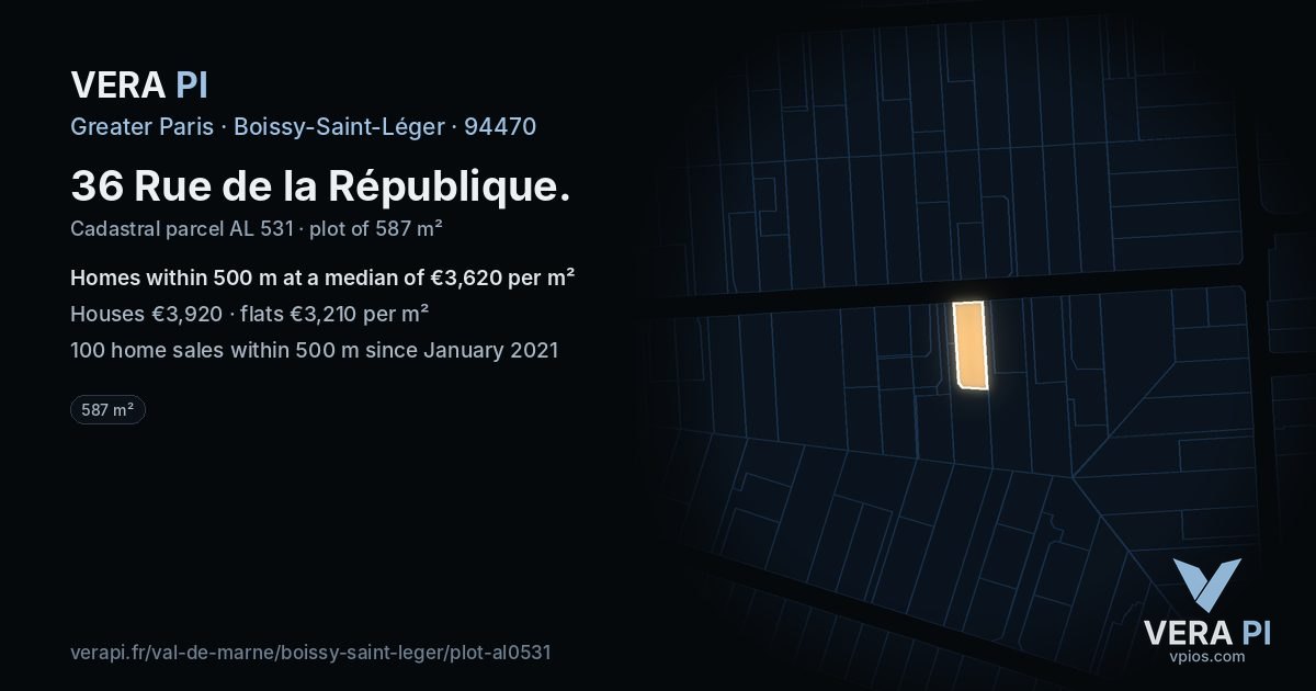 36 Rue de la République, Boissy-Saint-Léger at night – the plot lit, the parcels around coloured by the prices near them