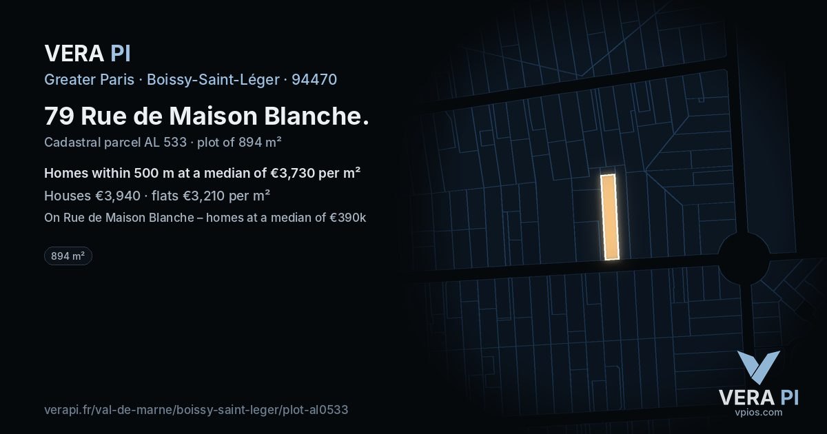 79 Rue de Maison Blanche, Boissy-Saint-Léger at night – the plot lit, the parcels around coloured by the prices near them