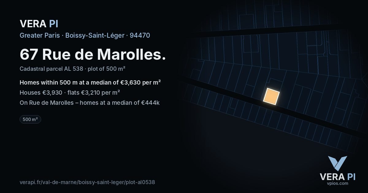 67 Rue de Marolles, Boissy-Saint-Léger at night – the plot lit, the parcels around coloured by the prices near them