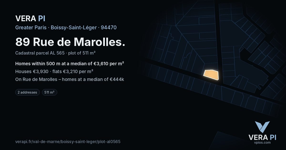 89 Rue de Marolles, Boissy-Saint-Léger at night – the plot lit, the parcels around coloured by the prices near them