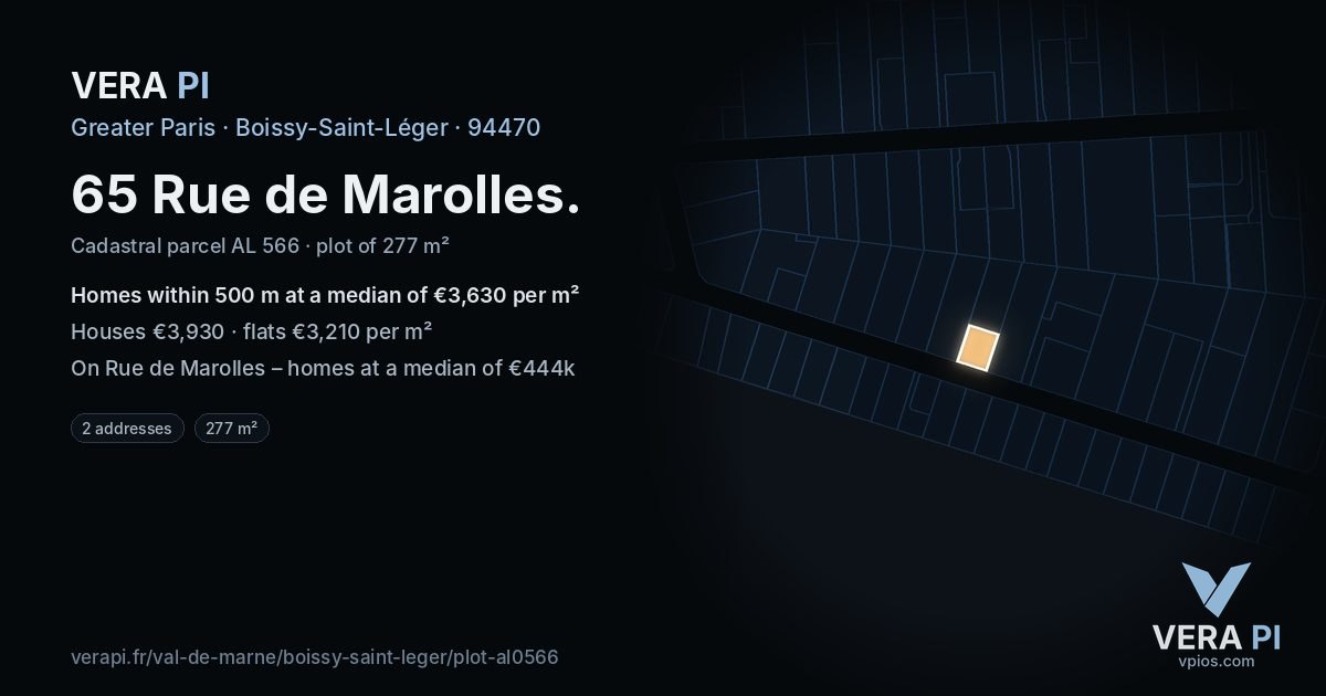 65 Rue de Marolles, Boissy-Saint-Léger at night – the plot lit, the parcels around coloured by the prices near them