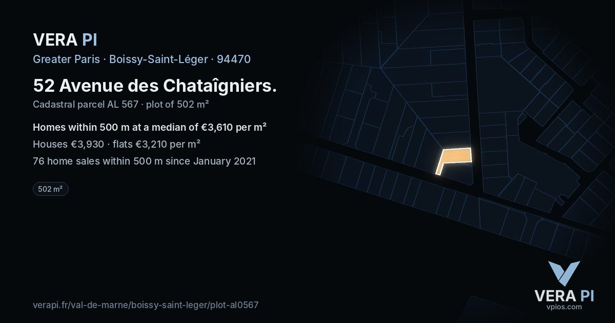 52 Avenue des Chataîgniers, Boissy-Saint-Léger at night – the plot lit, the parcels around coloured by the prices near them