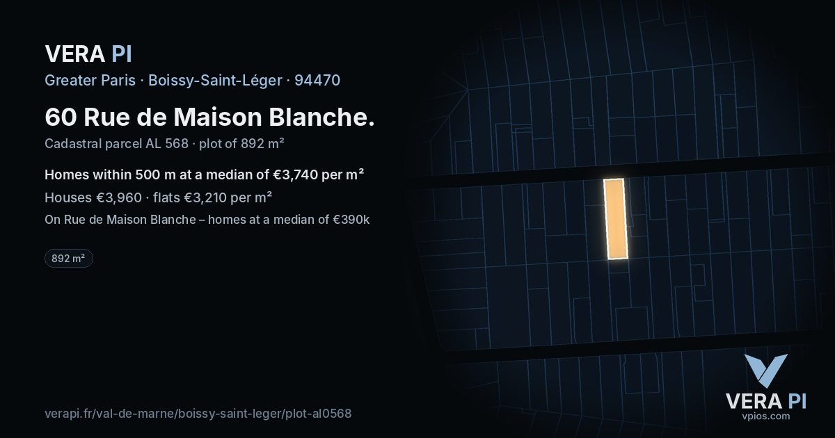 60 Rue de Maison Blanche, Boissy-Saint-Léger at night – the plot lit, the parcels around coloured by the prices near them