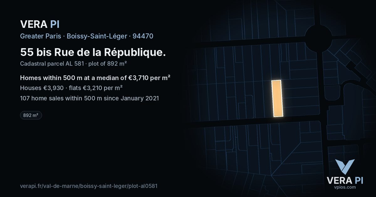55 bis Rue de la République, Boissy-Saint-Léger at night – the plot lit, the parcels around coloured by the prices near them