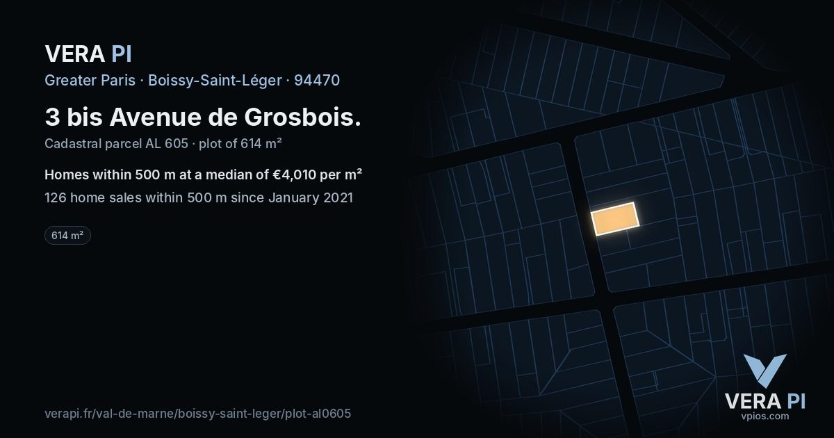 3 bis Avenue de Grosbois, Boissy-Saint-Léger at night – the plot lit, the parcels around coloured by the prices near them