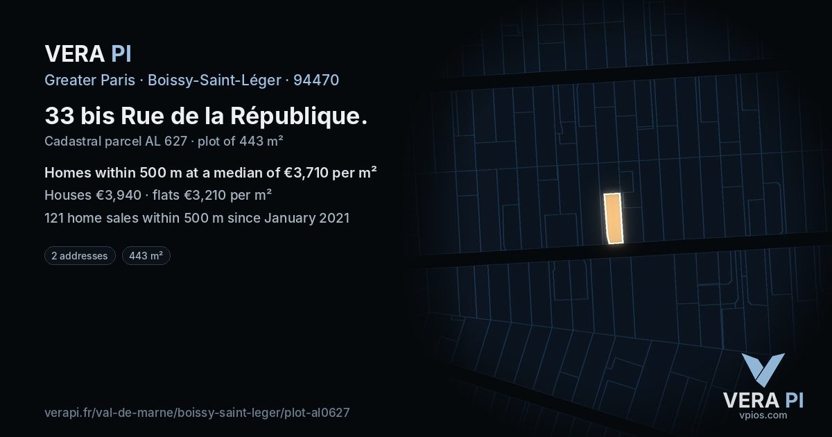 33 bis Rue de la République, Boissy-Saint-Léger at night – the plot lit, the parcels around coloured by the prices near them