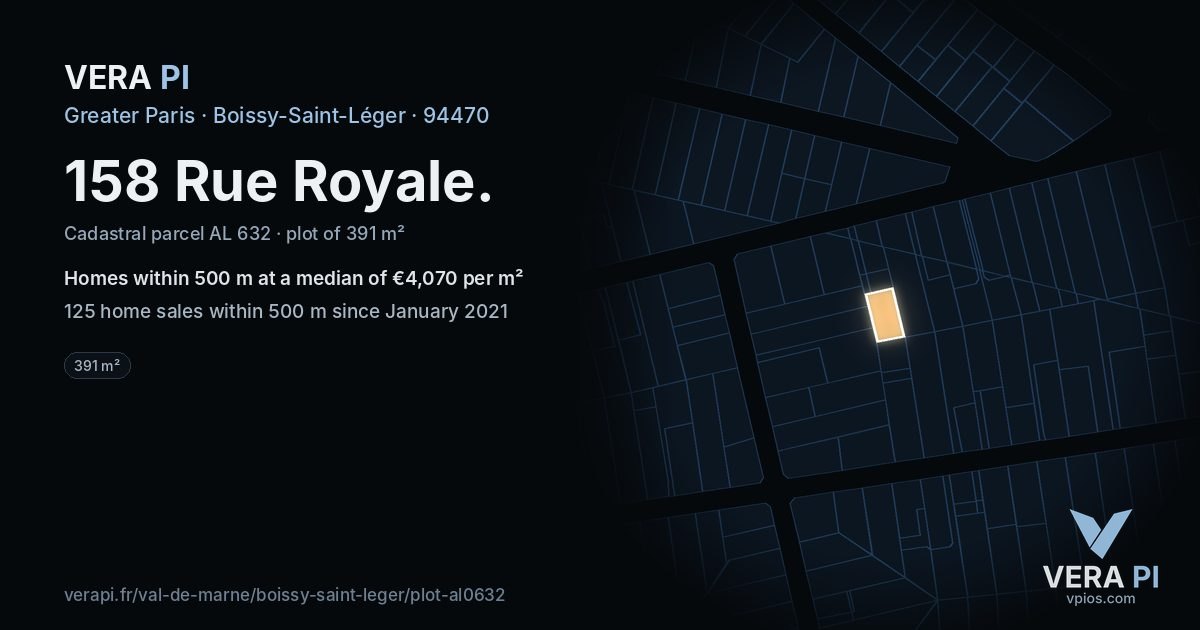158 Rue Royale, Boissy-Saint-Léger at night – the plot lit, the parcels around coloured by the prices near them