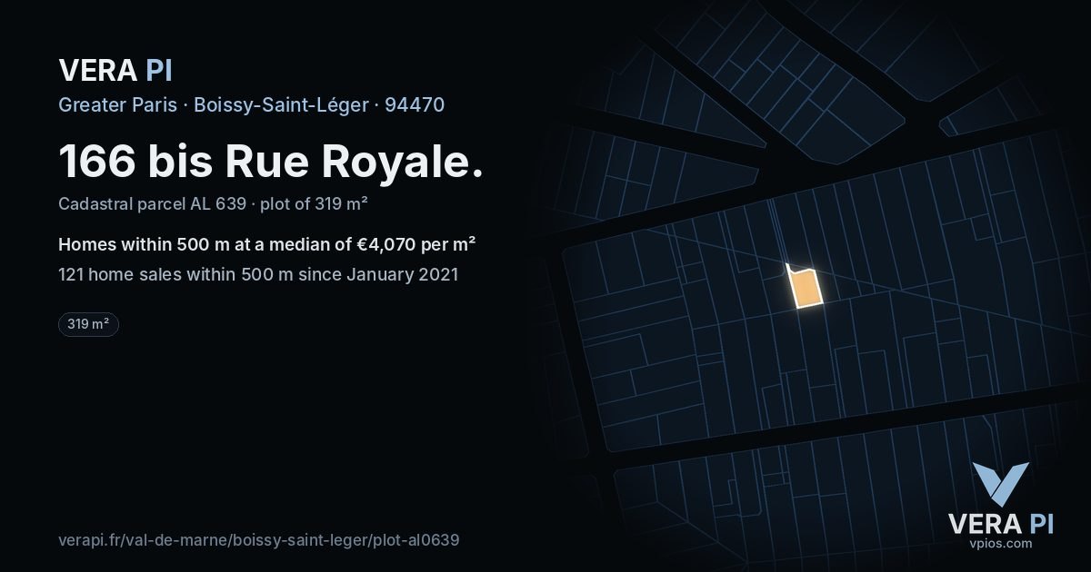 166 bis Rue Royale, Boissy-Saint-Léger at night – the plot lit, the parcels around coloured by the prices near them