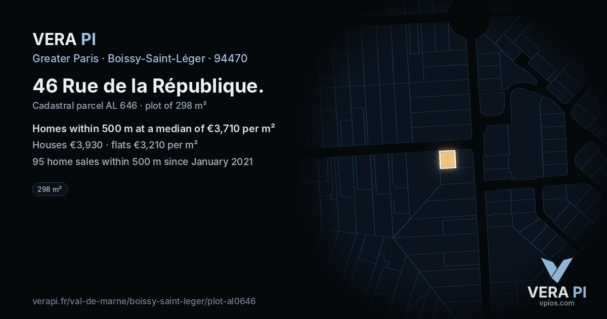 46 Rue de la République, Boissy-Saint-Léger at night – the plot lit, the parcels around coloured by the prices near them