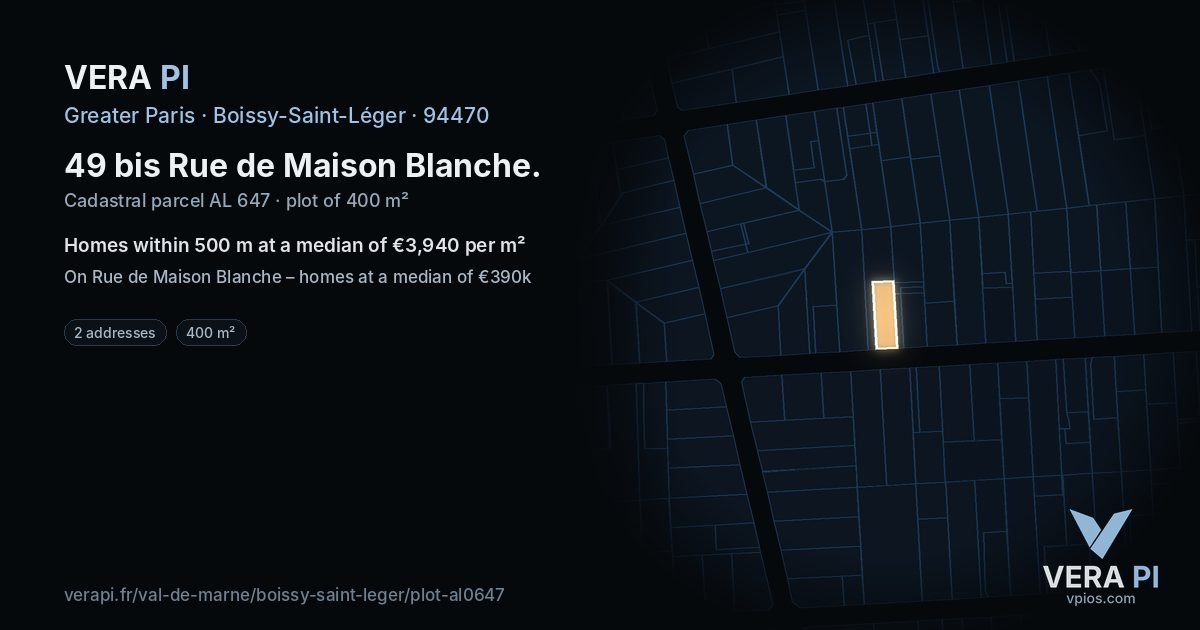 49 bis Rue de Maison Blanche, Boissy-Saint-Léger at night – the plot lit, the parcels around coloured by the prices near them